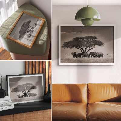 Kunstdruck poster Elefanten unter einem Baum in der afrikanischen Savanne