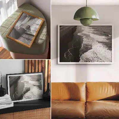 Kunstdruck Poster schwarze und weiße Wellen mit weichem Sand an einem ruhigen Strand