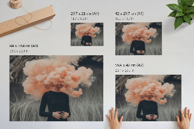 Kunstdruck poster Eine Figur mit einer orangefarbenen Rauchwolke anstelle eines Kopfes