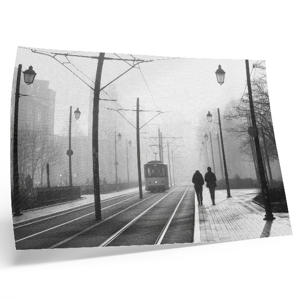 Poster Straßenbahnnebel, Straßenlaternen, städtische Atmosphäre