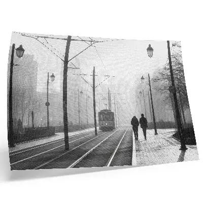Poster mit Straßenbahnnebel, Straßenlaternen und städtischer Atmosphäre