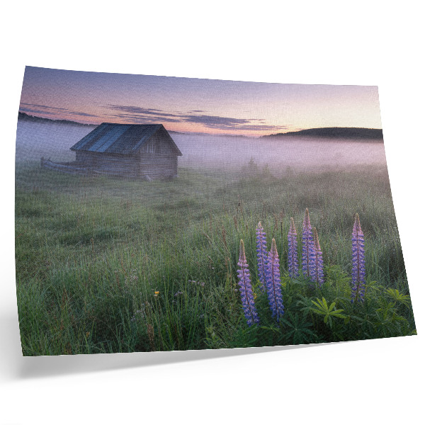 Poster Malerisches Holzhäuschen mit Nebel und Blumen