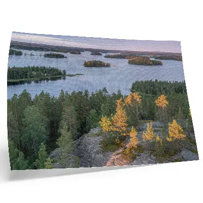 Poster Kunstdruck Kiefernwald auf einer Insel bei pastellfarbenem Himmel über dem See