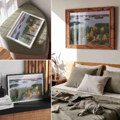 Poster Kunstdruck Kiefernwald auf einer Insel bei pastellfarbenem Himmel über dem See