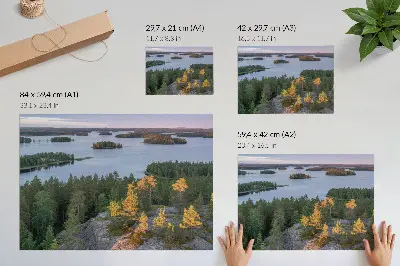Poster Kunstdruck Kiefernwald auf einer Insel bei pastellfarbenem Himmel über dem See