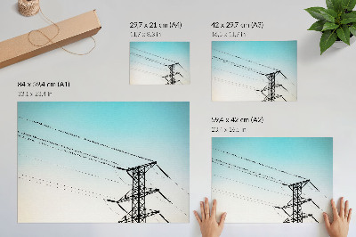 Poster Vögel auf Stromleitungen, blauer Himmel