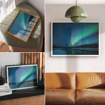 Kunstdruck Poster mit Nordlichtern über einem zugefrorenen See in der Nacht