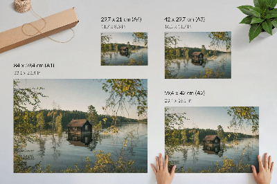 Poster kunstdruck Seehaus mit Spiegelung des Waldwassers – Ruhe