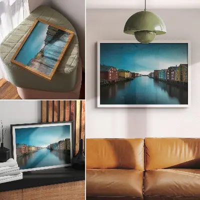 Kunstdruck Poster bunte Häuser in skandinavischer Atmosphäre am Fluss
