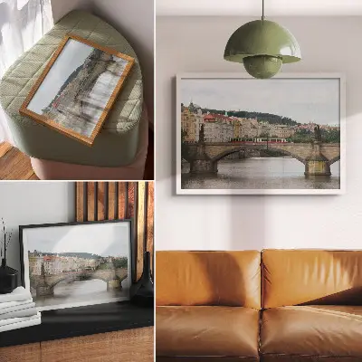 Kunstdruck eine Brücke über den Fluss mit einer Straßenbahn vor klassischer Architektur