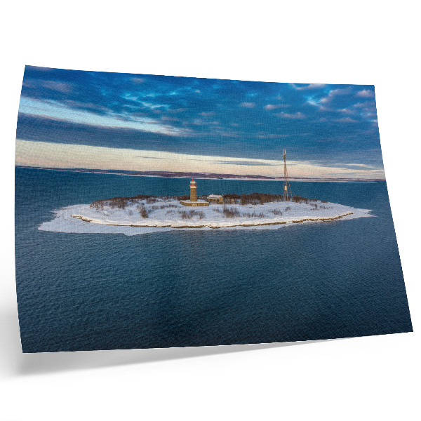 Kunstdruck poster Winterinsel mit Leuchtturm und blauem Meer