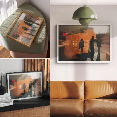 Kunstdruck Poster Die Stadt am Abend mit neonorangen Reflexionen