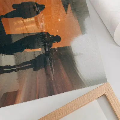 Kunstdruck Poster Die Stadt am Abend mit neonorangen Reflexionen