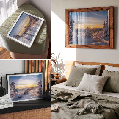 Poster Winterlandschaft mit Schnee und Sonne am Horizont