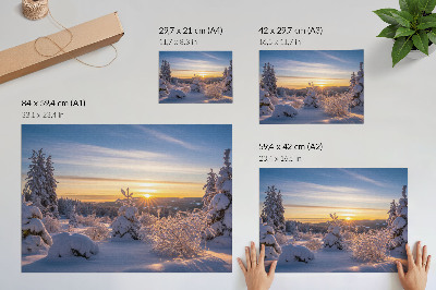 Poster Winterlandschaft mit Schnee und Sonne am Horizont