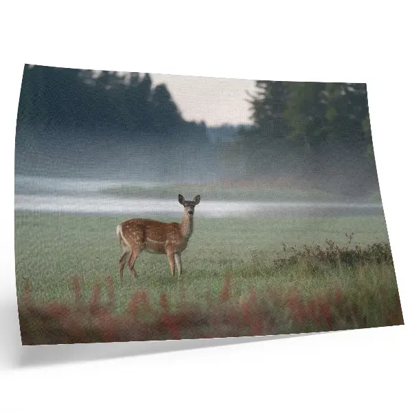 Kunstdruck Hirsche vor dem Hintergrund nebliger Wiesen und Wälder