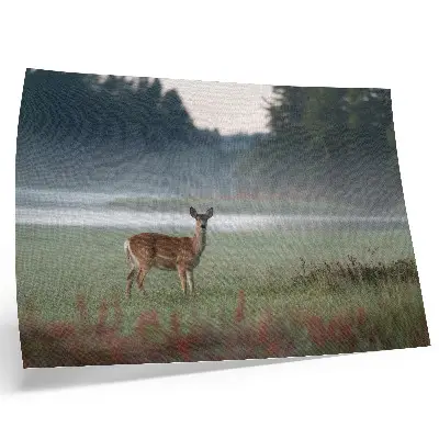 Kunstdruck Hirsche vor dem Hintergrund nebliger Wiesen und Wälder