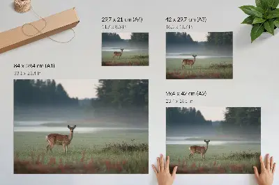 Kunstdruck Hirsche vor dem Hintergrund nebliger Wiesen und Wälder