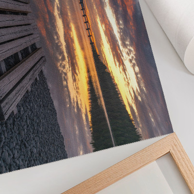 Poster See im Sonnenuntergang, warme Holzfarben