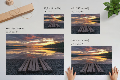 Poster See im Sonnenuntergang, warme Holzfarben