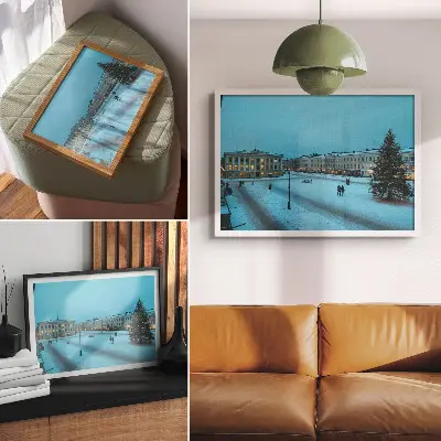 Kunstdruck Winterlandschaft mit klassischer Architektur und Weihnachtsstimmung