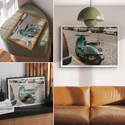 Kunstdruck Poster Vintage-Roller auf einer Kopfsteinpflasterstraße vor urbaner Kulisse