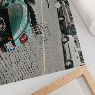 Kunstdruck poster Vintage-Roller, Kopfsteinpflasterstraße, urbaner Hintergrund