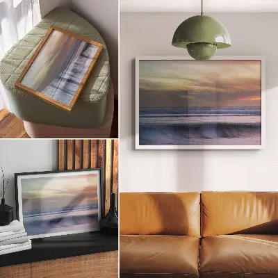 Kunstdruck Poster pastellfarbene Meereswellen und untergehende Sonne