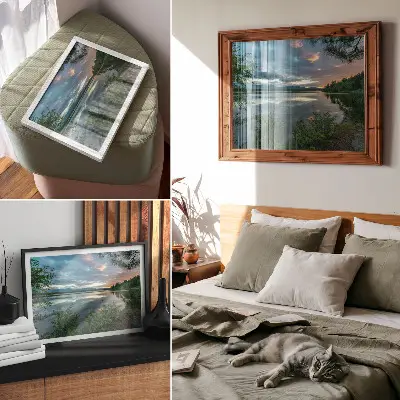 Poster Spiegelungen im See mit grünem Himmel und Bäumen für eine ruhige Atmosphäre