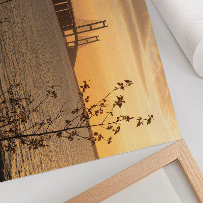 Kunstdruck poster Brücke bei Sonnenuntergang mit einem Baum