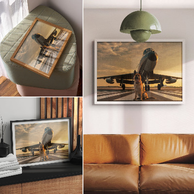 Poster Hund und Flugzeug im Sonnenuntergang – ein einzigartiger Anblick