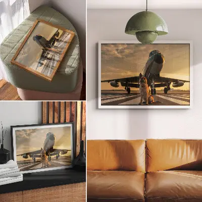 Poster Hund und Flugzeug im Sonnenuntergang