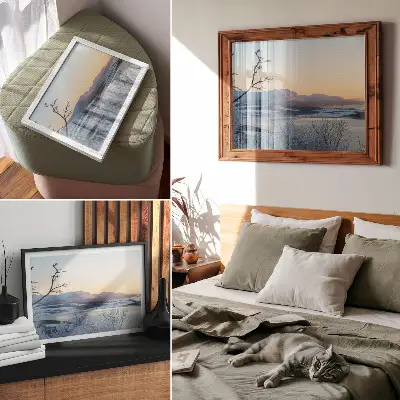 Poster mit einer Winterlandschaft mit Bergen, Wasser und Bäumen in der Abenddämmerung