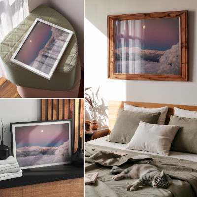 Poster kunstdruck Schneebedeckte Berge, pastellrosa Mond