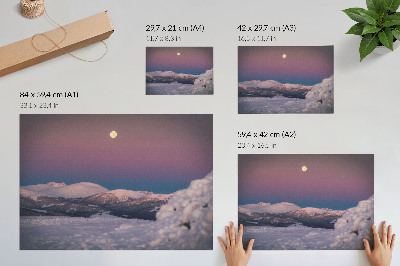 Poster kunstdruck Schneebedeckte Berge, pastellrosa Mond