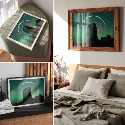 Kunstdruck Poster mit Nachthimmel und grünen Felsentönen in kosmischer Atmosphäre