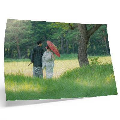 Poster kunstdruck Traditionelle Kleidung, Regenschirm, grüne Wiese, Bäume