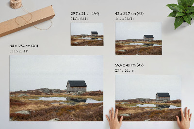 Kunstdruck poster Holzhütte, Heidelandschaft, ruhiges Wasser