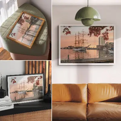Poster Segelschiff im Sonnenuntergang mit friedlichem Stadtpanorama
