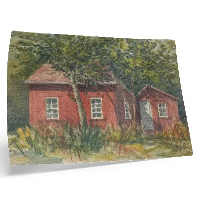 Kunstdruck Holzhaus mit Bäumen und üppigem Grün in idyllischer Darstellung