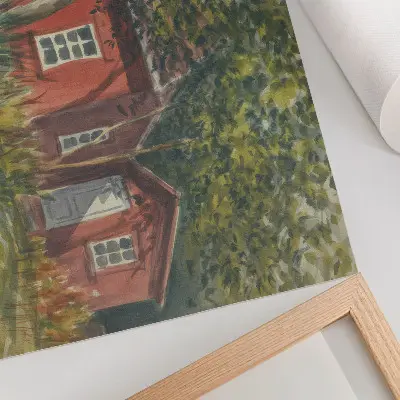 Kunstdruck Holzhaus mit Bäumen und üppigem Grün in idyllischer Darstellung