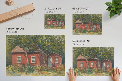 Poster kunstdruck Holzhaus, Bäume, üppiges Grün, idyllisch
