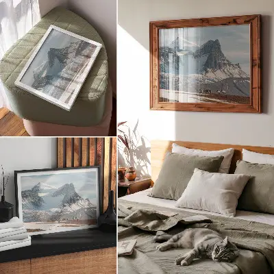 Kunstdruck Poster mit malerischen Bergen, friedlichen Rentieren und einer Winterlandschaft