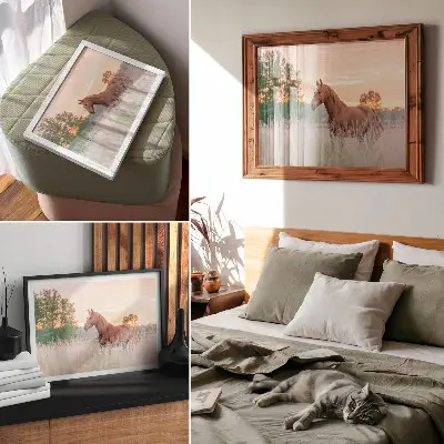 Kunstdruck als Poster Pferd auf der Wiese am Morgen in Pastellfarben für eine entspannte Atmosphäre