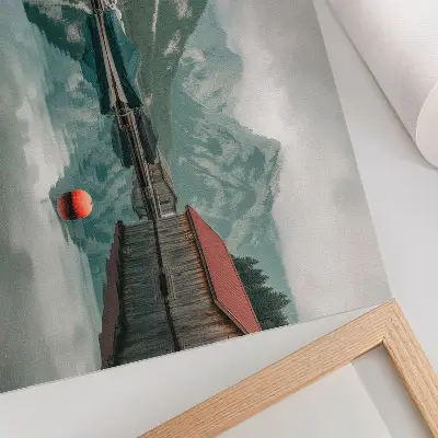 Kunstdruck Poster Spiegelung im Bergsee mit friedlichen Holzbooten