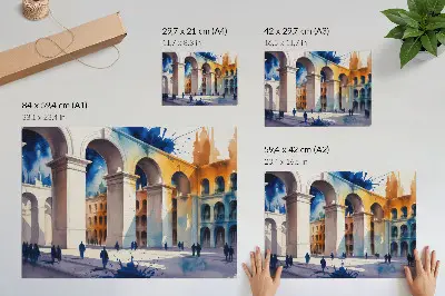 Kunstdruck Poster Stadtarchitektur mit Aquarellflecken und eleganten Bögen