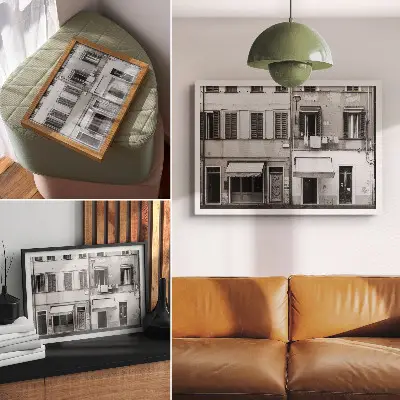 Kunstdruck Poster die Fassade eines Mietshauses in minimalistischem Schwarz-Weiß-Kontrast