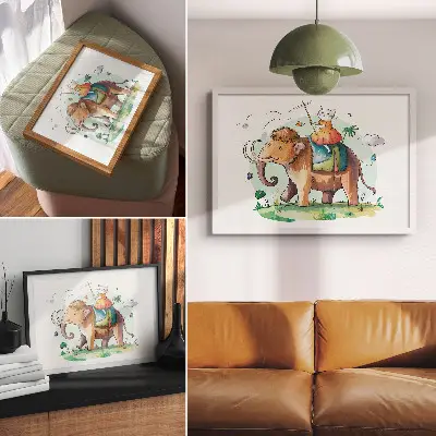 Poster Katze auf einem Mammut fantasievolles Natur und Magie Motiv