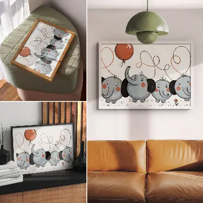 Kunstdruck Elefanten mit Luftballons für Sauberkeit, Spaß und Freude