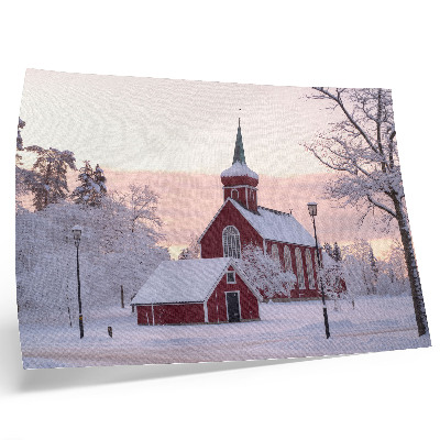 Kunstdruck poster Rote Kapelle, Winter, verschneite Bäume, pastellfarbener Himmel